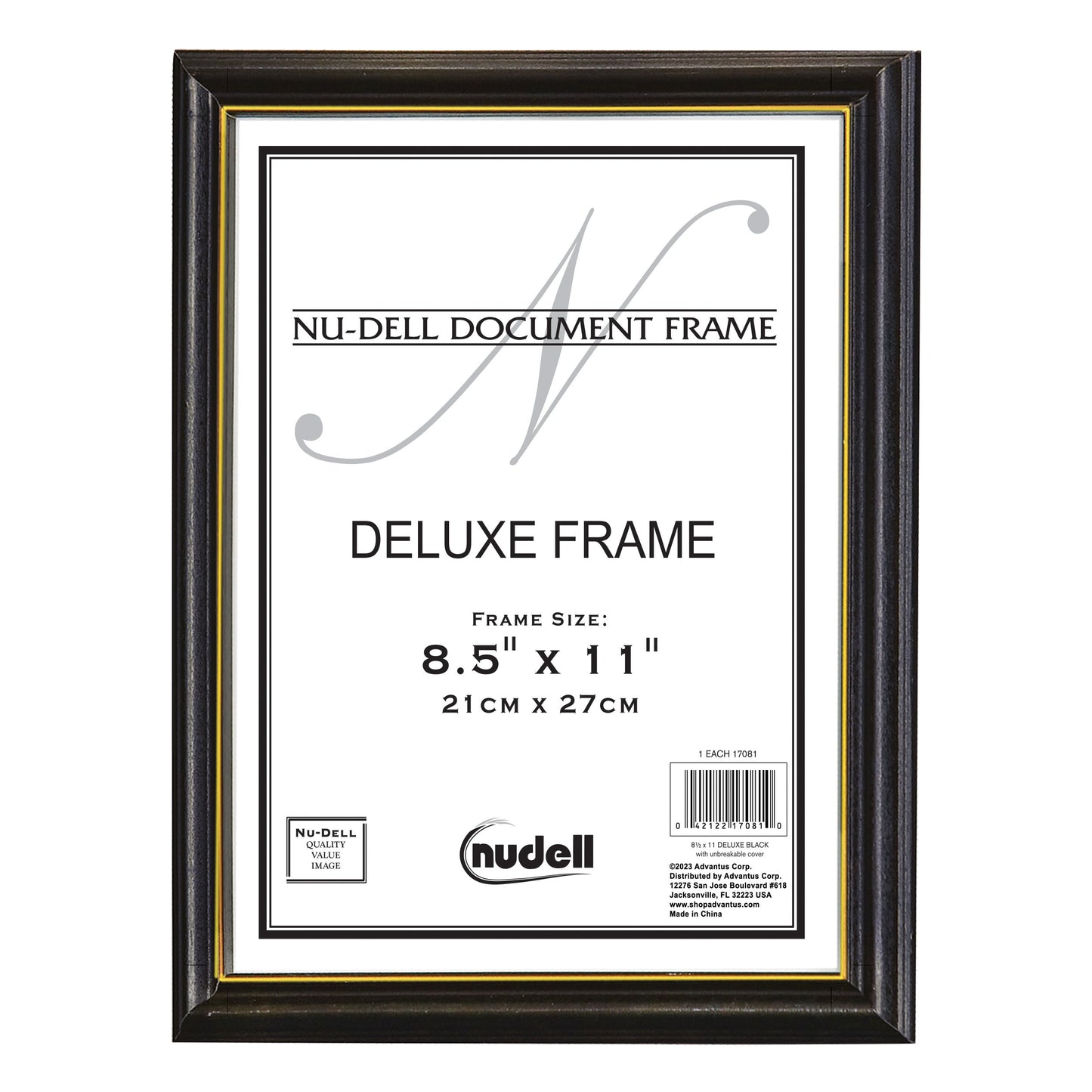 Deluxe Document Frame, 8.5" x 11", Black with Gold Trim