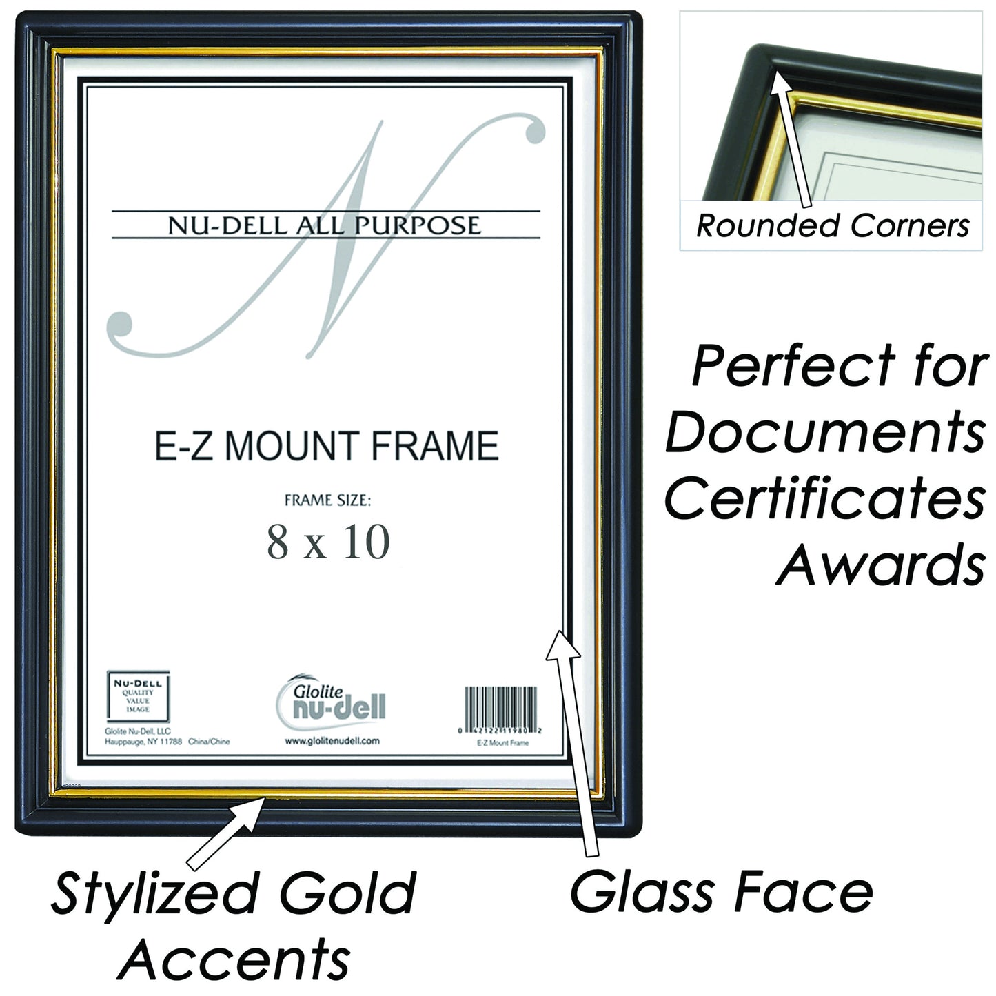 EZ Mount Document Frame, Glass, 8" x 10", Black with Gold
