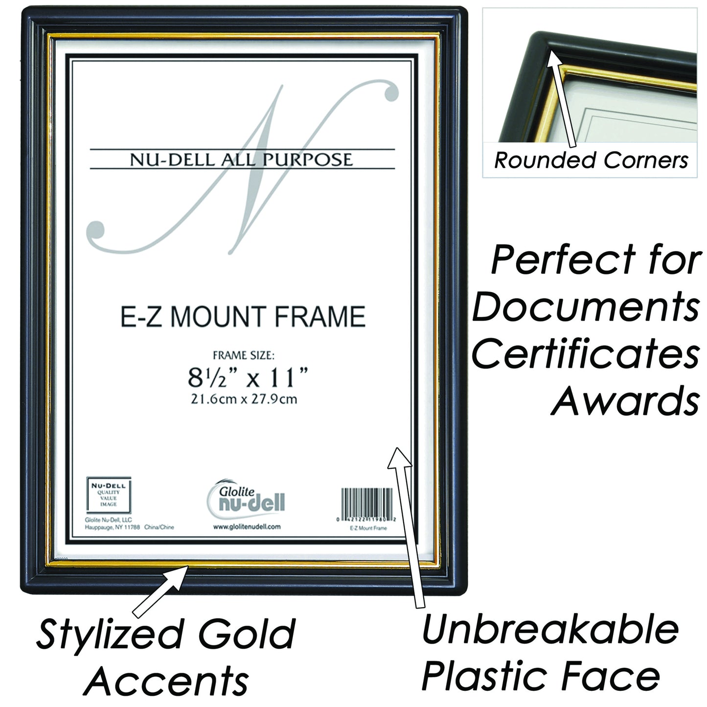 EZ Mount Document Frame 8.5" x 11", Black with Gold Trim