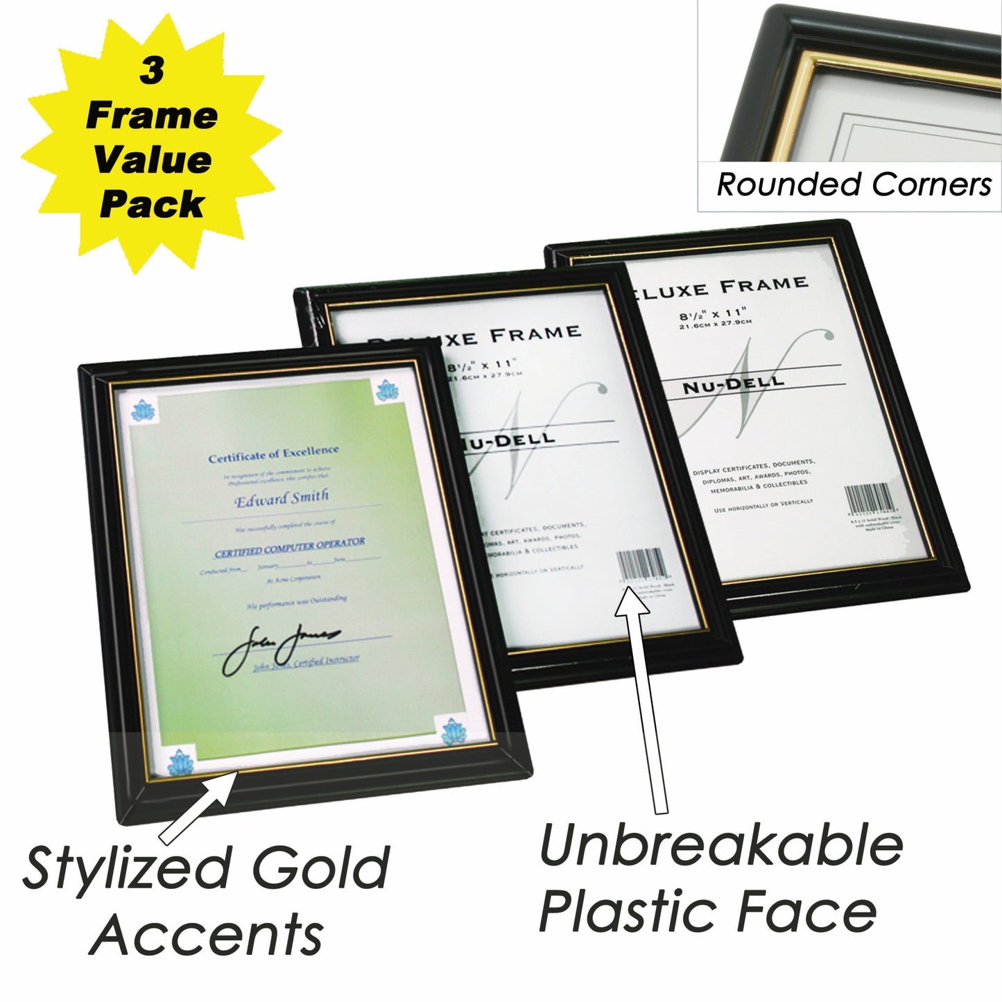 EZ Mount Document Frame 8.5" x 11", Black with Gold Trim, 3 Pack