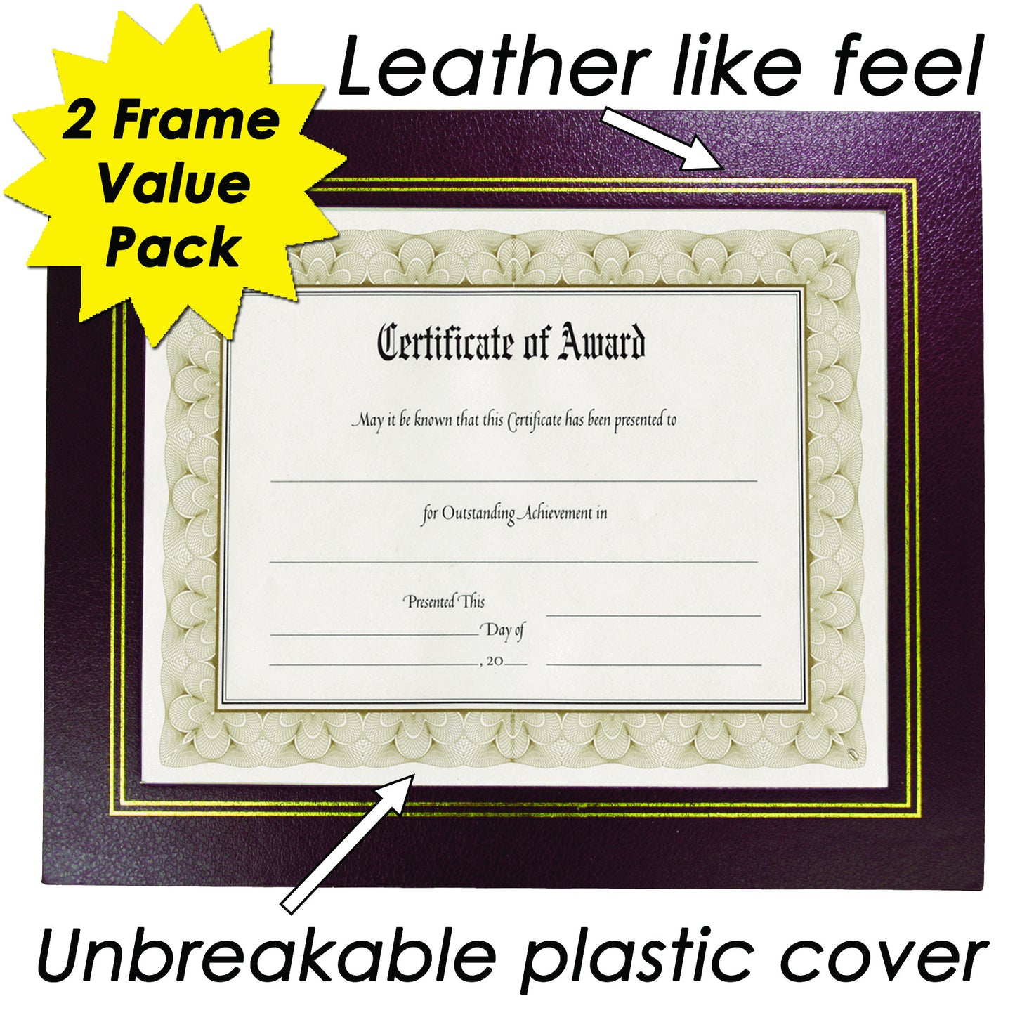 Leather Grain Certificate Frame 8.5" x 11", Burgundy, 2 Pack
