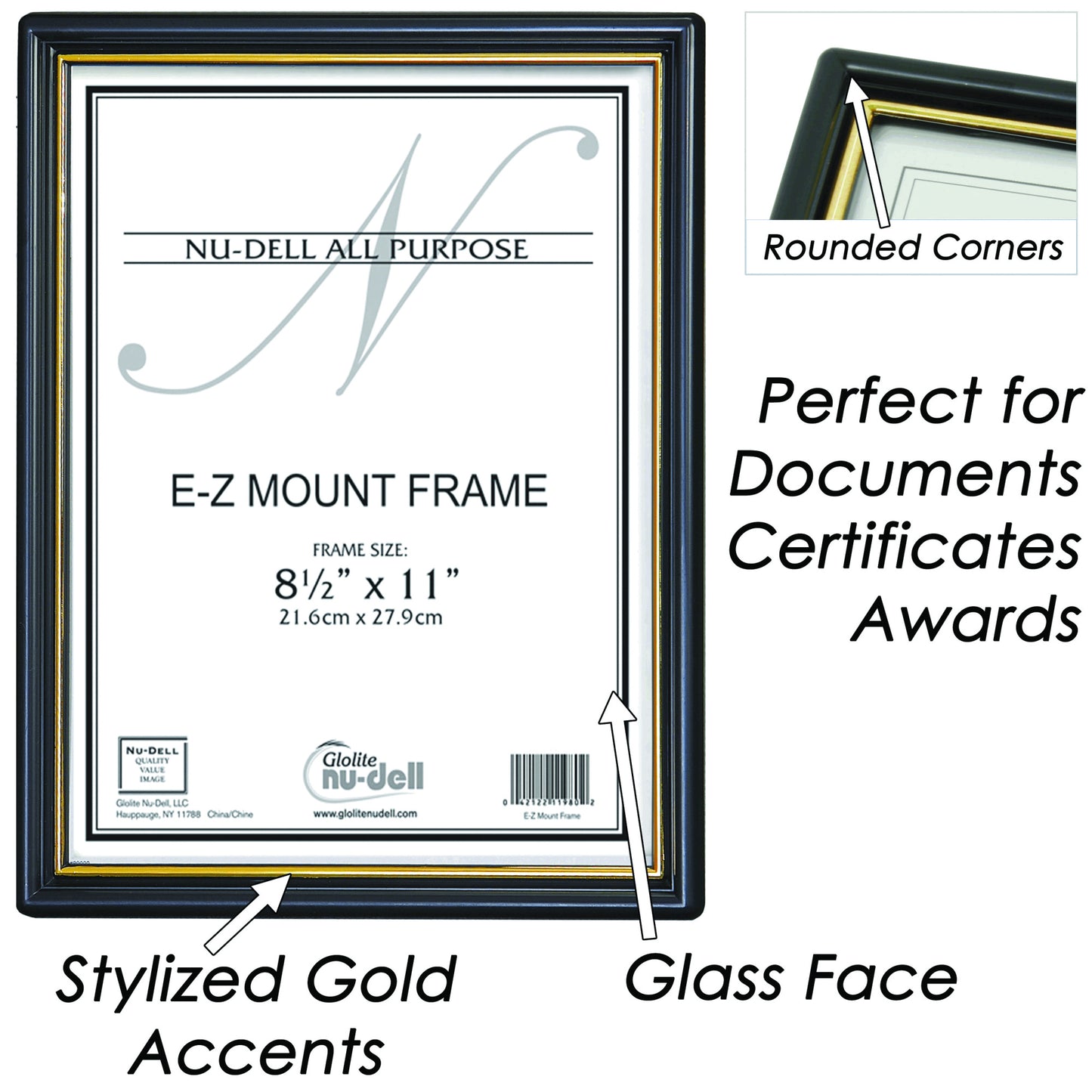 EZ Mount Document Frame, Glass, 8.5" x 11", Black with Gold