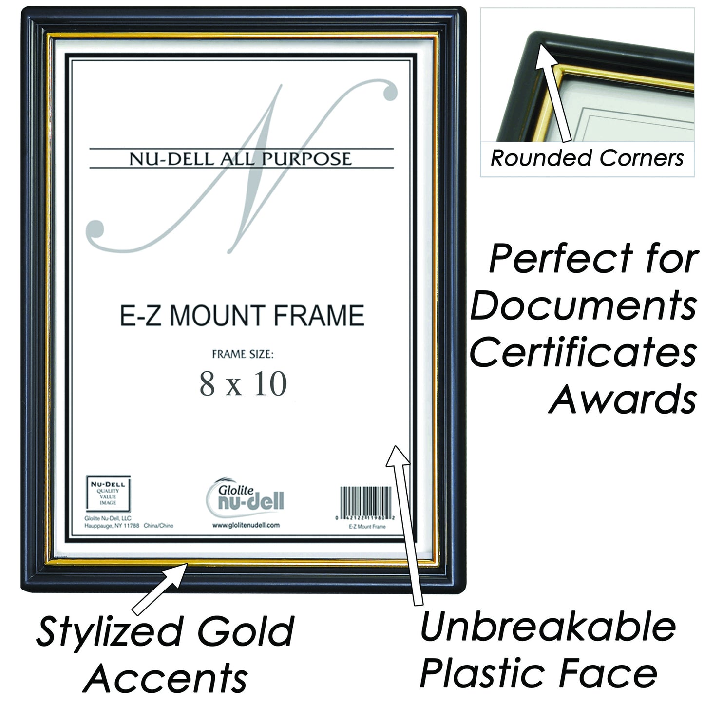 EZ Mount Document Frame 8" x 10", Black with Gold Trim