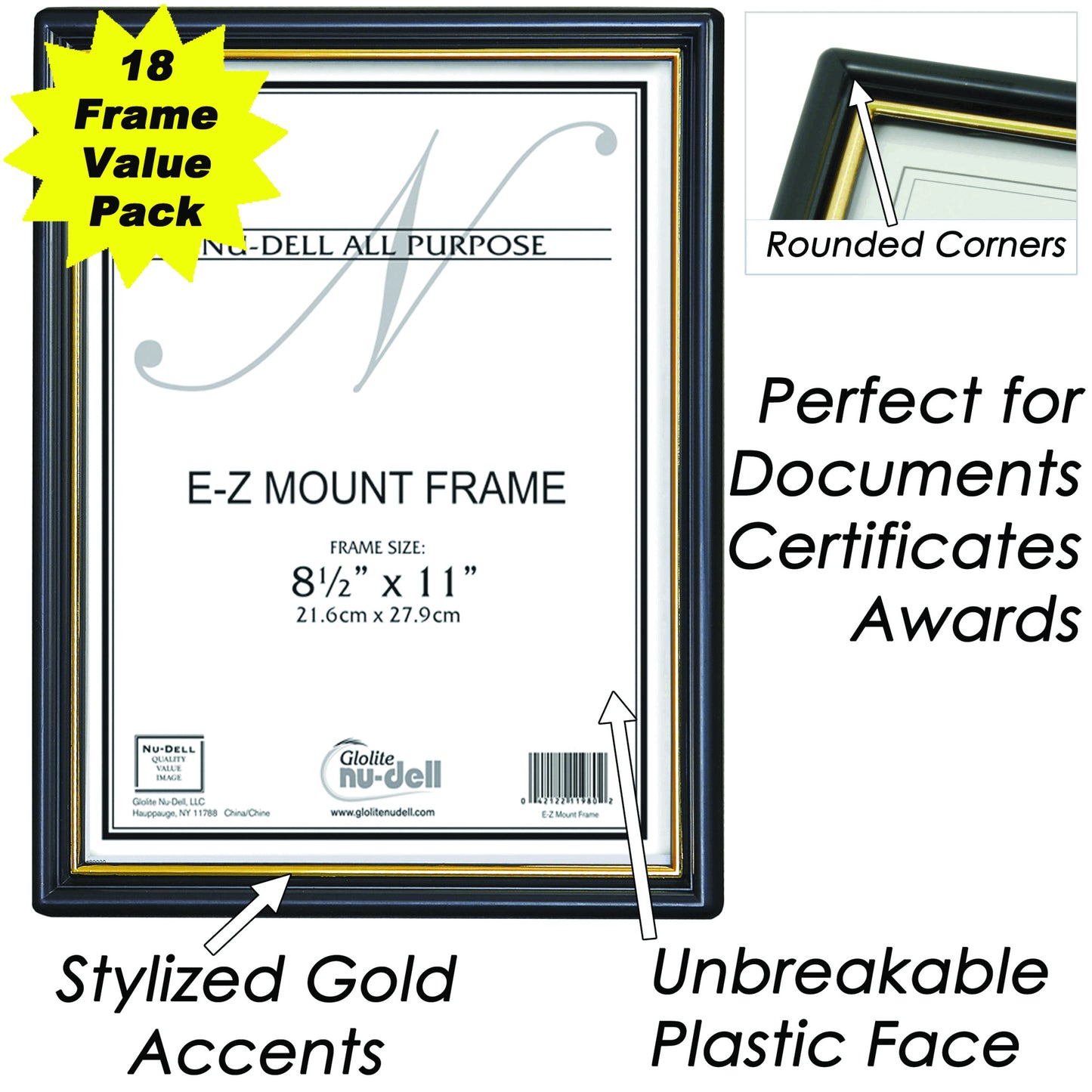 EZ Mount Document Frame 8.5" x 11", Black with Gold Trim, 18 Pack